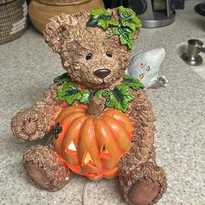 Lighted Resin Teddy Bear With Ghost and Pumpkin.